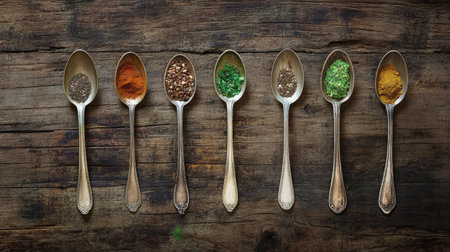 Spoons filled with natural superfoods arranged in a neat row on a rustic wooden tableの素材
