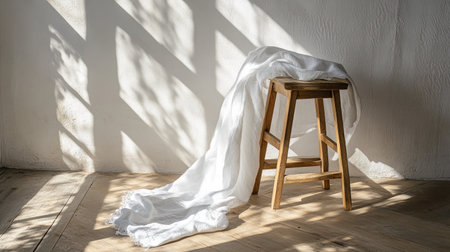 White fabric cascading over stool legs, natural light highlighting texturesの素材