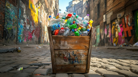 Rustic bin made of reclaimed wood filled with crushed plastic bottles, set against urban backdropの素材