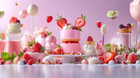 Whimsical dessert display with strawberry treats on pastel gradient backgroundの素材