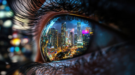 Urban skyline mirrored in the eye of a thoughtful woman, vibrant lights glowingの素材