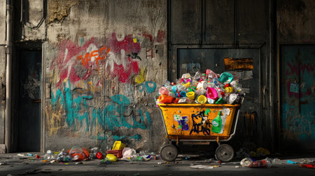 Urban shot of abandoned cart bursting with plastic waste near dumpsterの素材