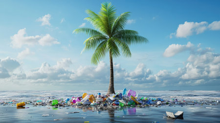 Palm tree in the middle of a polluted beach, plastic dominating the foregroundの素材