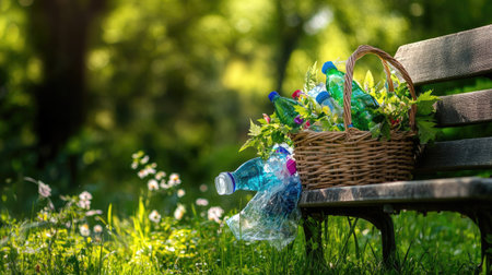 Woven basket with plastic packaging spilling onto a wooden bench in a countryside gardenの素材