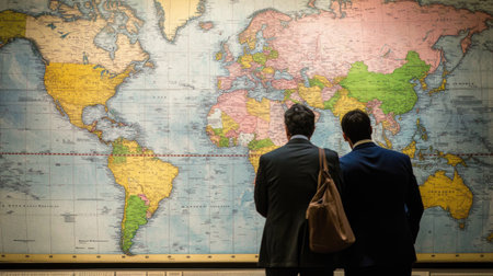 Investors examining global economic maps, visualizing international capital flow, wealth accumulation, and how it influences global economic growth.の素材