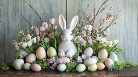 An Easter-themed arrangement featuring pastel-colored eggs and playful bunny decorations, perfect for holiday celebrations and creative design.の素材