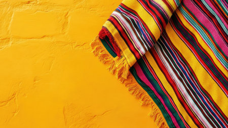 Celebrate Cinco de Mayo with a festive top view of a traditional striped serape placed on a yellow surface, ideal for themed promotions and vibrant cultural celebrations.の素材