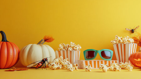 Gather friends for a Halloween cinema adventure with a side view shot of a table adorned with pumpkins, insects, 3D glasses, and popcorn boxes, set against a yellow wall background.の素材