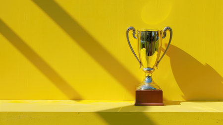 Champion trophy casting shadow on vibrant yellow surface. Award for excellence, achievement, winner recognitionの素材