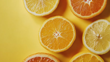 Close-up of freshly cut orange and lemon slices displayed on a vertical yellow background, showcasing the vibrant colors and refreshing nature of citrus.の素材