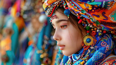 Portrait of young Uzbek woman in traditional dress and headscarf, jewelry, cultural pride, looking to sideの素材