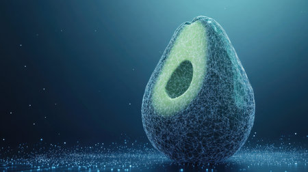 A 3D-rendered graphite wireframe avocado with a low-polygon texture, presented on a digital blue background, showcasing futuristic design concepts.の素材