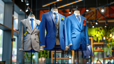 Three mannequins showcasing different formal suits in clothing store, variety of styles and colors for menの素材