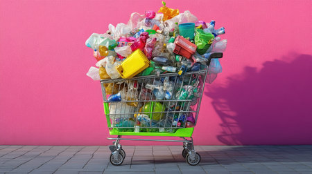 Compact cart overwhelmed with plastic, symbolic of growing environmental concernsの素材