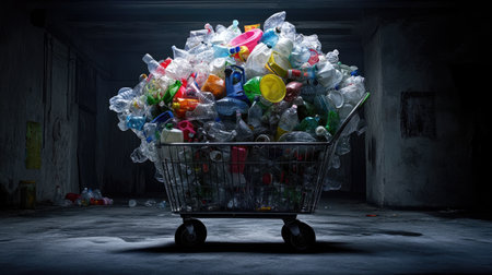 Compact cart overwhelmed with plastic, symbolic of growing environmental concernsの素材