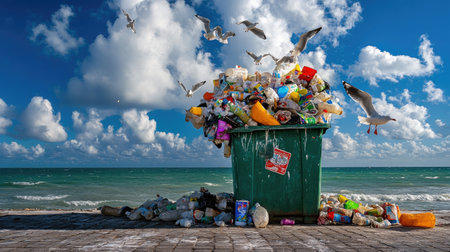 Overflowing garbage bin on a beach walkway, mixed waste blowing in the wind with seagulls nearbyの素材