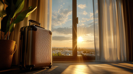 Elegant hotel interior with suitcase placed near a large window, sunlight hinting at upcoming adventuresの素材