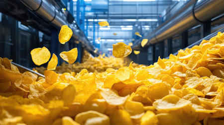 Endless rows of crispy potato chips traveling through a hygienic production facilityの素材