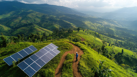 Engineer documenting solar panel installation process, quality assurance in renewable energy projectの素材
