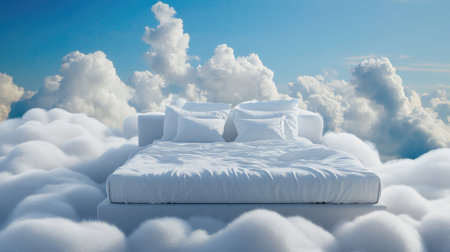Heavenly bed with billowing linens merging seamlessly into cloudscape, concept of ultimate comfortの素材