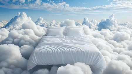 Heavenly bed with billowing linens merging seamlessly into cloudscape, concept of ultimate comfortの素材