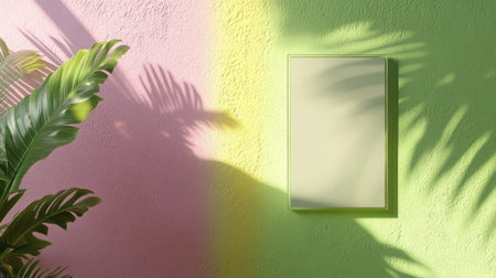 Frosted glass rectangular signage mockup on a pastel colored wall, realistic shadowsの素材