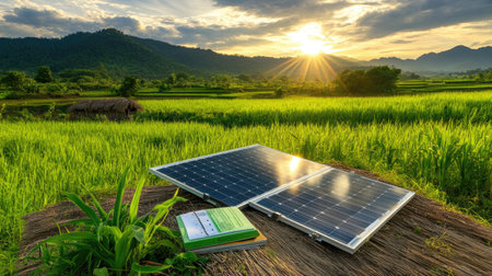 Engineer documenting solar panel installation process, quality assurance in renewable energy projectの素材