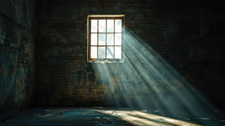 Grungy abandoned room where the only light comes from a single small windowの素材