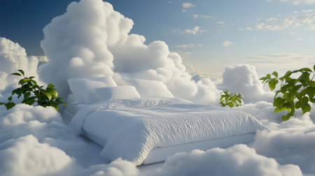 Light and airy bed in the middle of a soft cloudy sky, serene and dream-inspired restful atmosphereの素材