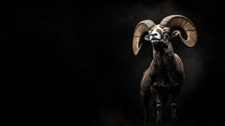 Fierce bighorn sheep captured mid-pose, set against a jet-black background, dramatic and intense atmosphereの素材