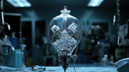 Hospital emergency room ventilator with oxygen mask ready for patient care, focus on equipmentの素材