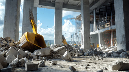 Heavy construction site with broken concrete debris and exposed structural elementsの素材