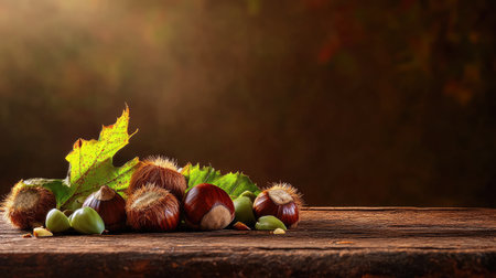 Fresh sweet chestnuts and green husks in soft autumn light placed on a natural brown wooden backgroundの素材