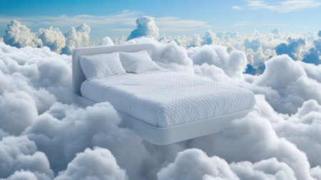 Minimalist white bed gently hovering among ethereal clouds, imaginative sleep concept photographyの素材
