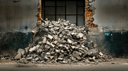 Massive pile of crushed concrete rubble and twisted metal in front of a damaged buildingの素材