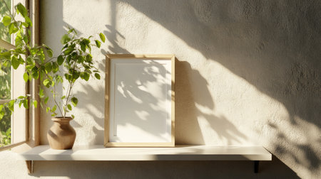 Home decor concept: empty wood frames on white shelf, warm sunlight from nearby windowの素材