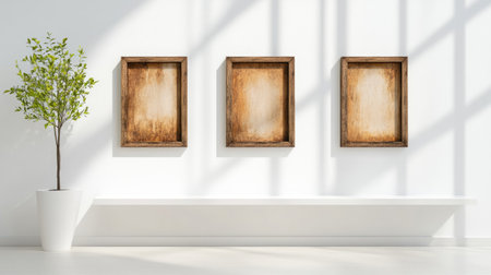Minimalist decor: blank wooden frames on a white shelf under natural lightの素材