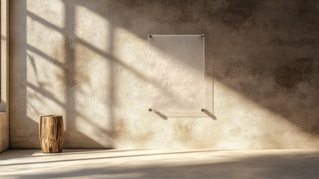 Minimalist transparent signboard mounted with stainless steel bolts on a beige wallの素材
