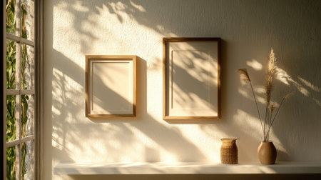 Home decor concept: empty wood frames on white shelf, warm sunlight from nearby windowの素材