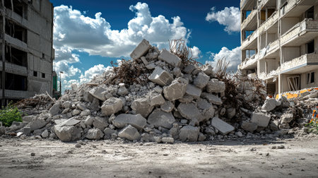 Massive pile of crushed concrete rubble and twisted metal in front of a damaged buildingの素材
