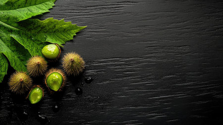 Natural chestnuts and open green husks on a dark black wooden surface, minimalistic and soft light tonesの素材
