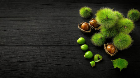 Natural chestnuts and open green husks on a dark black wooden surface, minimalistic and soft light tonesの素材