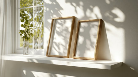Two blank wooden frames resting on a white shelf against a sunlit window with soft curtainsの素材