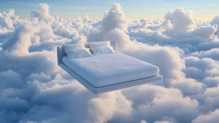Light and airy bed in the middle of a soft cloudy sky, serene and dream-inspired restful atmosphereの素材