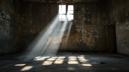 Moody atmosphere in an abandoned room with single light ray highlighting the floorの素材