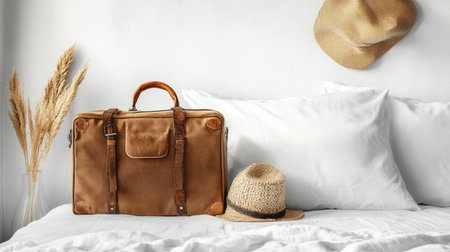 Neatly packed suitcase on minimalist hotel room bed, concept of relaxing weekend getaway, cozy moodの素材