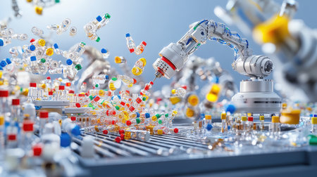 Medical vial production with robotic arms placing vials into packaging traysの素材