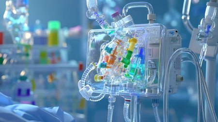 Medical ventilator screen and oxygen mask close-up, showing life-saving equipment in useの素材