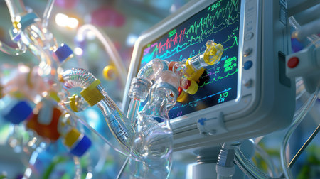Medical ventilator screen and oxygen mask close-up, showing life-saving equipment in useの素材
