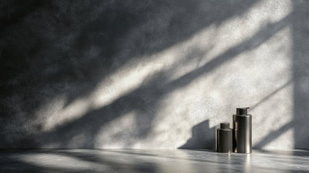 Polished metallic surface of a silver countertop under a dramatic spotlight on plain gray backdropの素材